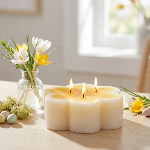 Three-wick candle decorative flower candle yellow white Ø11.5cm H4cm | Floristik24.co.uk