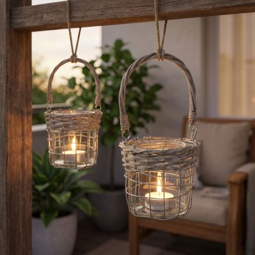 Product Lantern hanging decoration metal glass willow Ø13cm H12cm 2pcs