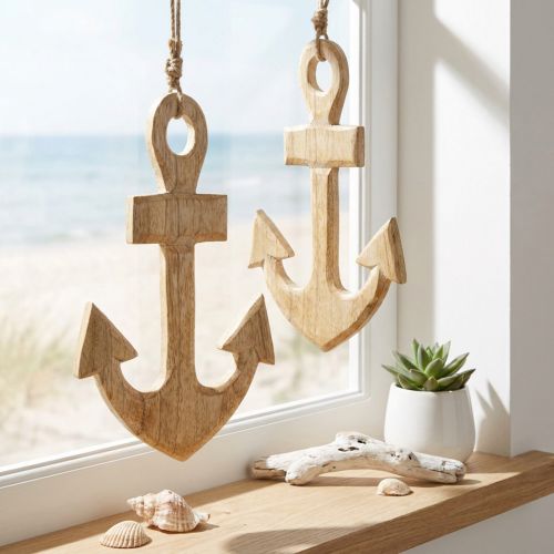 Anchor Decoration Hanger Maritime Wood Jute Natural 15x25cm 2pcs | Floristik24.co.uk