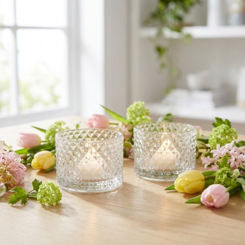 Glass bowl tealight holder retro diamond clear Ø10.5cm 2pcs | Floristik24.co.uk