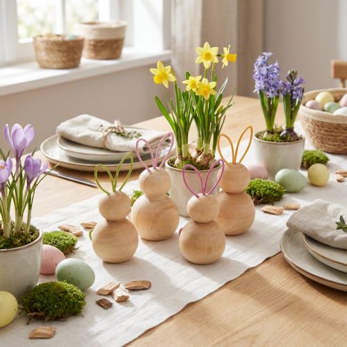 Product Wooden Bunny Decorative figurines with coloured wire ears for modern Easter decor 11cm 4 pieces