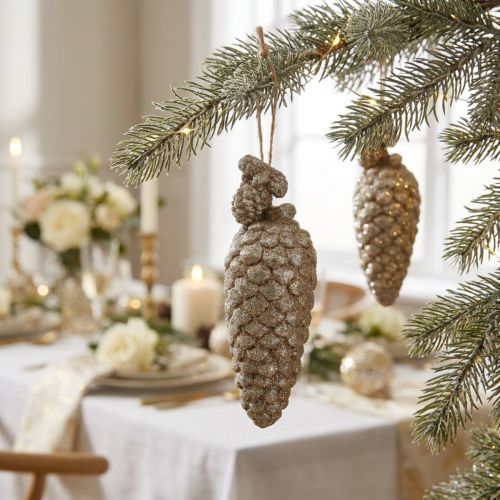 Christmas Tree Ornament Cones with glitter Light gold 14cm 3pcs | Floristik24.co.uk