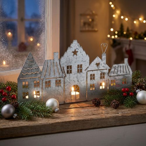 Christmas decoration houses, tealight holder metal silver 25cm | Floristik24.co.uk