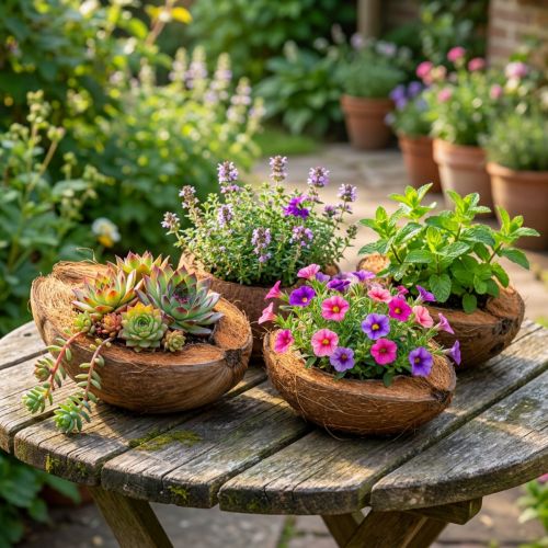 Product Natural Coconut Shell Planters, 20 cm, Set of 5 for Succulents