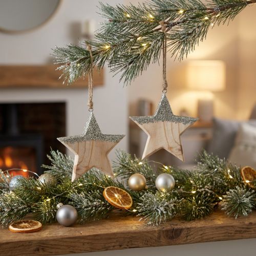 Hanging Decoration Glitter Star Wood 14,5cm 2pcs | Floristik24.co.uk