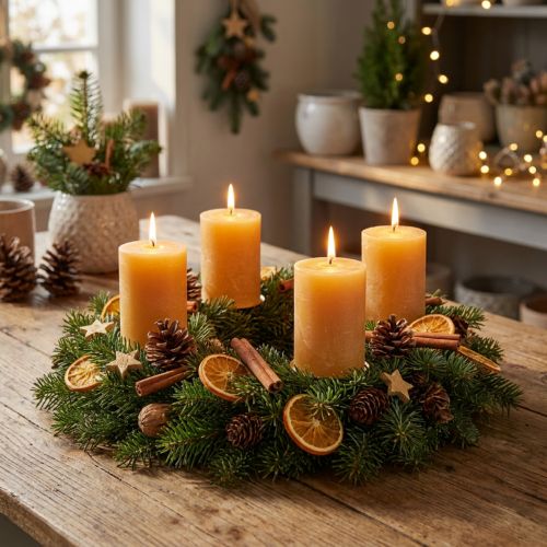 Solid-colored pillar candles, honey-colored decorative candles, Advent decoration, 70x80mm, set of 4, high quality | Floristik24.co.uk