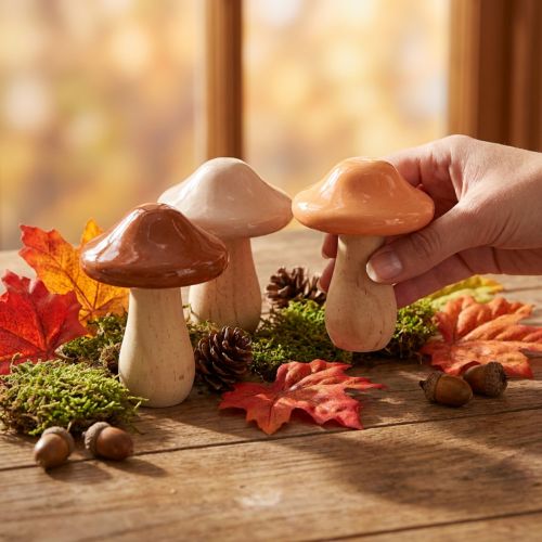 Decorative Wooden Mushrooms Set of 3 in Brown, Beige, and Orange Ø7.5cm H10cm | Floristik24.co.uk