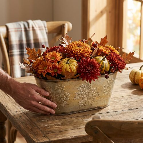 Autumn pot, plant bowl with leaves, metal decoration Golden L38cm H15cm | Floristik24.co.uk