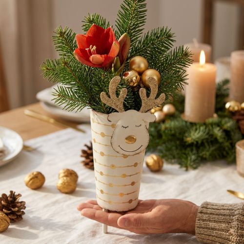Reindeer plant pot, Advent decoration, metal decoration, planter for Christmas white, golden H28cm Ø8.5cm | Floristik24.co.uk