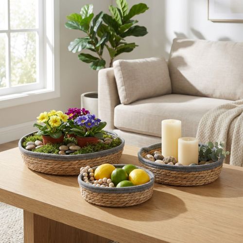 Round basket tray set, natural, woven plant bowls & decorative tray, 3-piece set Ø33/30/25cm H8/7cm | Floristik24.co.uk