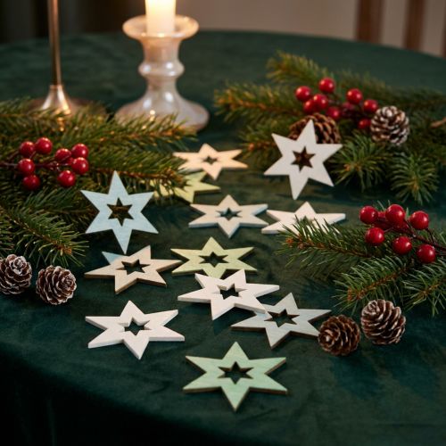 Wooden stars decoration confetti Christmas green H4cm 72 pcs | Floristik24.co.uk