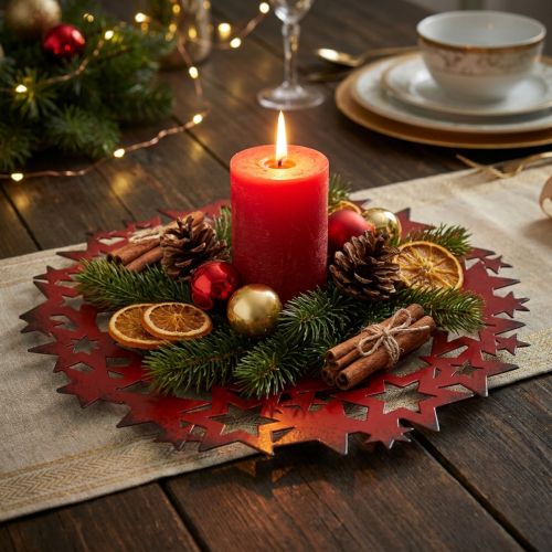 Product Christmas plate metal decorative plate with stars red Ø34cm