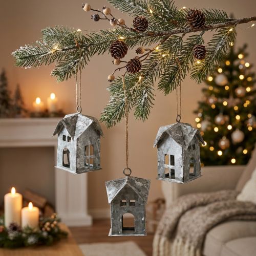 Set of 3 Metal Hanging Christmas House Decorations, Shabby Chic, White, H9.5cm | Floristik24.co.uk
