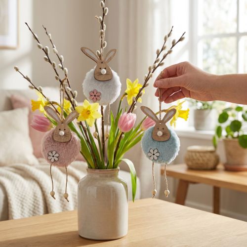 Hanging Rabbits Decorative Hanging Easter Wood Plush 26×7×2cm 6 pcs | Floristik24.co.uk