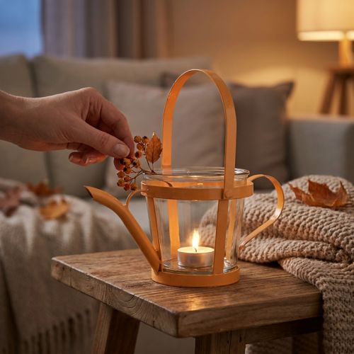Product Lantern glass decorative watering can metal orange Ø14cm H13cm
