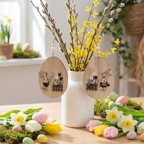 Hanging Easter eggs, wooden egg with rabbit, natural white, 13cm, 6 pieces | Floristik24.co.uk