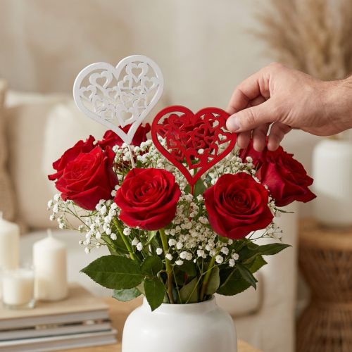 Flower plug heart red, white decorative plug Valentine's Day 7cm 12pcs | Floristik24.co.uk