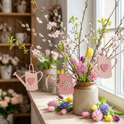 Hanging decoration wooden watering can deco pink deco hanger 14x12cm 6pcs | Floristik24.co.uk