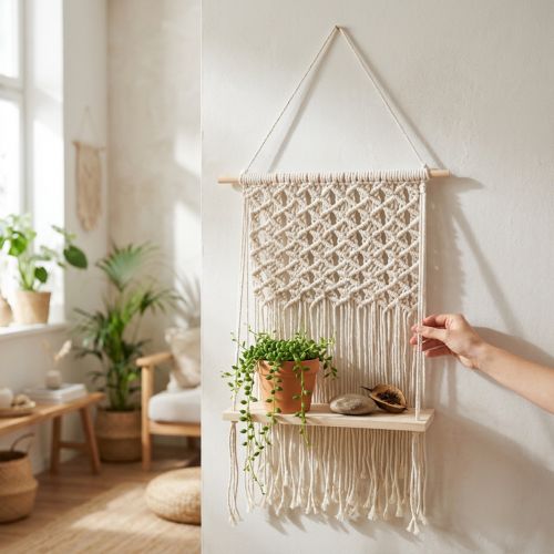 Macrame plant hanger, boho style, hanging shelf, plant holder, window decoration, wooden board, 40x15cm | Floristik24.co.uk