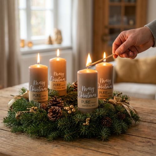Advent candles "Merry Christmas" - natural wax pillar candles in brown, set of 4, Ø60mm, height 130mm, RAL quality mark, decorative Christmas candles | Floristik24.co.uk