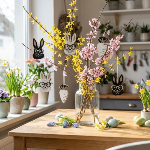 Wooden pendant rabbit with glasses carrot glitter 4×7.5cm 9pcs | Floristik24.co.uk