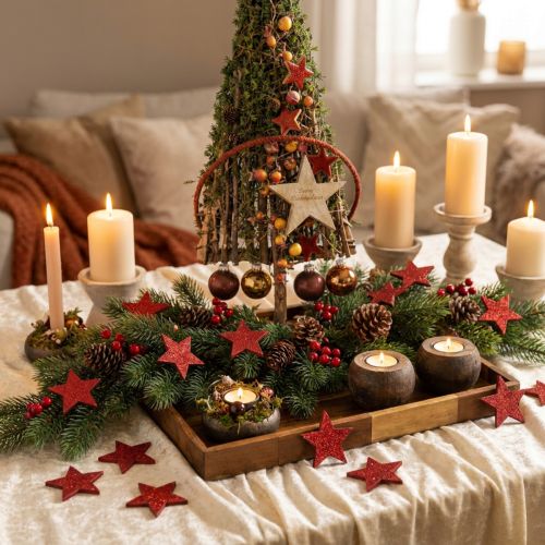 Wooden Stars Decoration Stars Red Scatter Decoration Gloss Effect Ø5cm 12 Pcs | Floristik24.co.uk