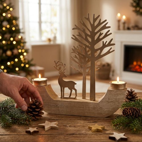 Tealight holder wood metal deer decoration forest 23.5cm | Floristik24.co.uk