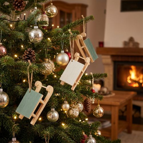 Decorative sleigh wood for hanging mint green white 9.5cm 6pcs | Floristik24.co.uk