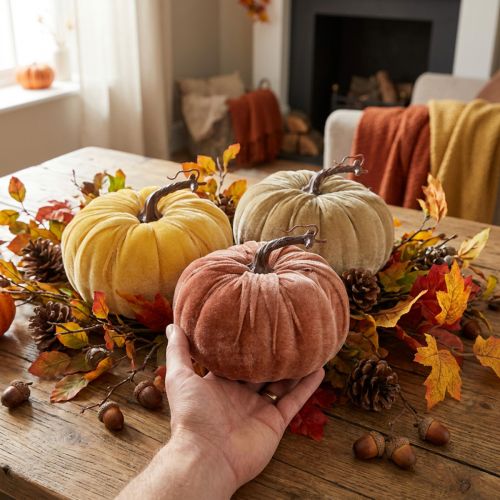 Decorative Pumpkins Yellow Beige Reddish Brown Flocked Ø18cm 3 Pcs | Floristik24.co.uk