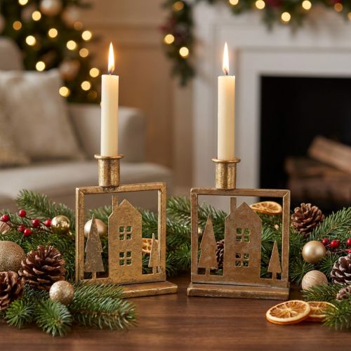 Candle holder Christmas house antique gold look 10×6×14cm 2pcs | Floristik24.co.uk