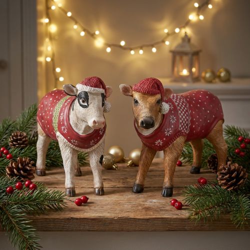 Christmas Cow Decoration Cow with Hat White Brown L15.5cm 2 Pcs | Floristik24.co.uk