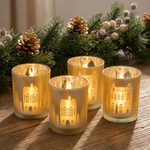 Glass Lanterns Silver Gold City Silhouette H12.5cm Set of 4