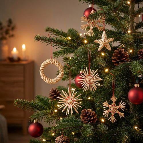 Straw stars Christmas tree decorations straw natural red Ø4-6cm 17 pcs | Floristik24.co.uk