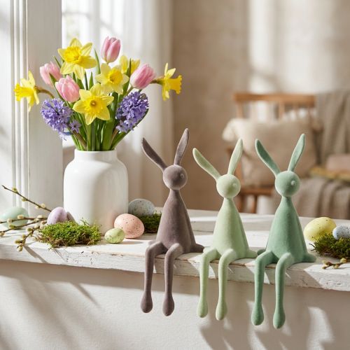 Easter Bunny Shelf Sitters, Flocked, Green/Brown, 28cm, 3 Pieces | Floristik24.co.uk