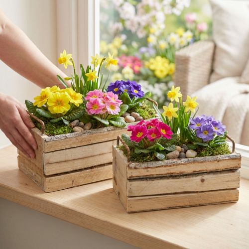 Wooden planter box with natural bark and handle, L29cm/23cm, set of 2. | Floristik24.co.uk