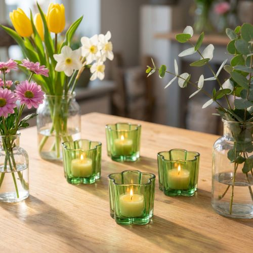 Product Green Glass Tealight Holder in Blossom Design Ø7.5cm H6cm Set of 6