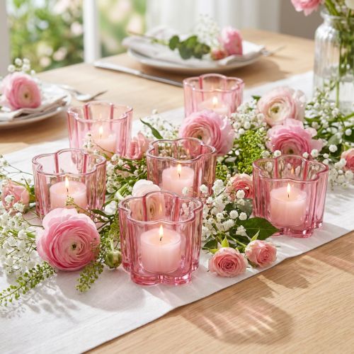 Flower tealight holder, pink tealight glass, Ø7.5cm H6cm, 6 pieces | Floristik24.co.uk