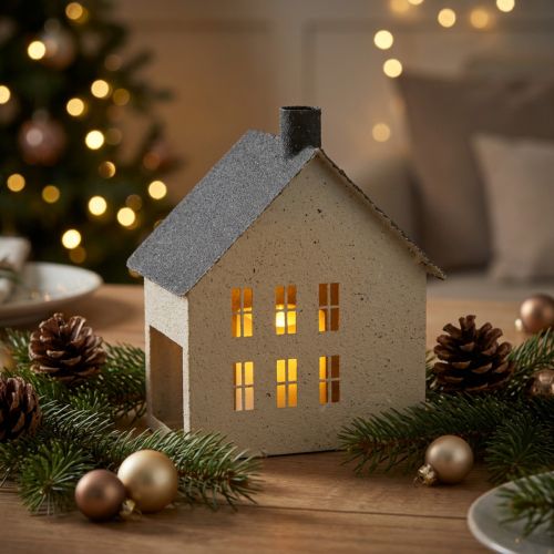 Metal House Lantern Windlight Decoration 16cm Beige and Grey | Floristik24.co.uk