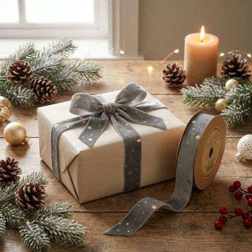 Velvet ribbon, star ribbon, grey gold, decorative ribbon, 25mm wide, 8m long | Floristik24.co.uk