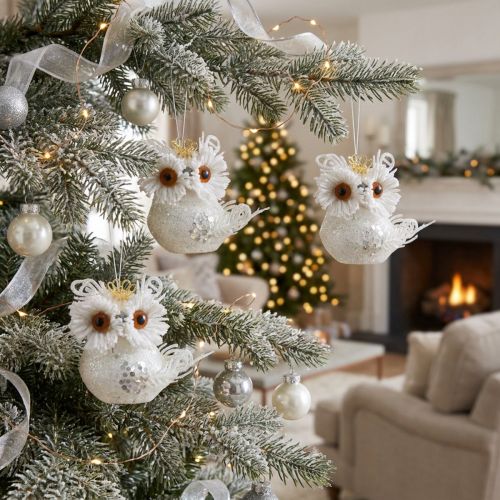Deko Hanging Owl with Crown, White Glitter, 6.5 × 8cm, Set of 6 | Floristik24.co.uk