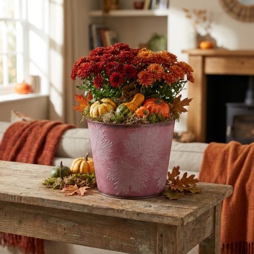 Autumn pot, plant bucket, metal decoration with leaves wine red Ø25.5cm H22cm | Floristik24.co.uk