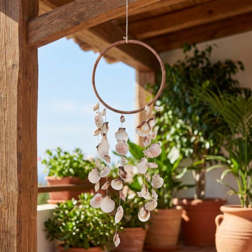 Wind chime with shells decorative ring natural wood Ø20cm H66cm | Floristik24.co.uk