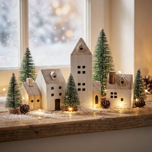 Mini Christmas Village Wooden Decoration White Natural H13/7cm 6 pcs | Floristik24.co.uk