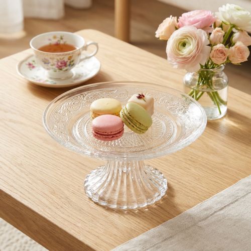 Product Glass plate on foot Flat glass bowl with pattern Clear Ø15cm