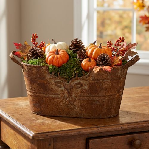 Oval Metal Decorative Bowl with Handles and Deer Motif, Rust Look, 36cm | Floristik24.co.uk