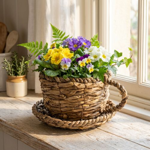 Planting cup with saucer, small straw planting basket, Ø17cm H13cm | Floristik24.co.uk