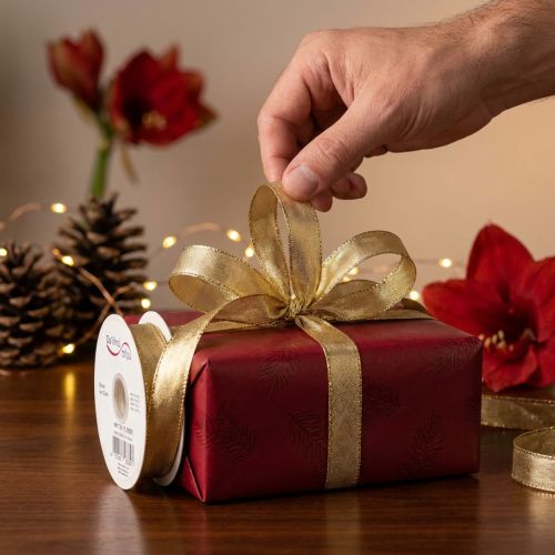Product Gold gift ribbon with wire edge, 15mm wide, 25m long