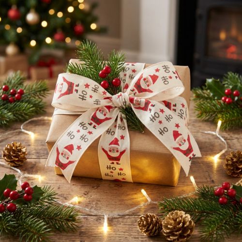 Christmas ribbon with Santa cotton ribbon cream 40mm 15m | Floristik24.co.uk