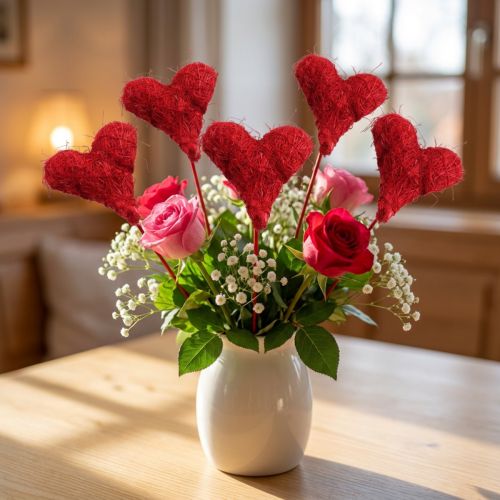 Sisal heart 5cm red on stick 24 pcs | Floristik24.co.uk