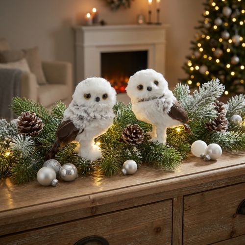 Snowy Owl Decorative Figurines White Brown Pair 12cm | Floristik24.co.uk